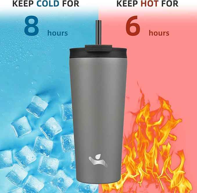 Konokyo 22 OZ Insulated Tumbler with Lid and 2 Straws Stainless Steel Water Bottle Vacuum Travel Mug Coffee Cup,Gray