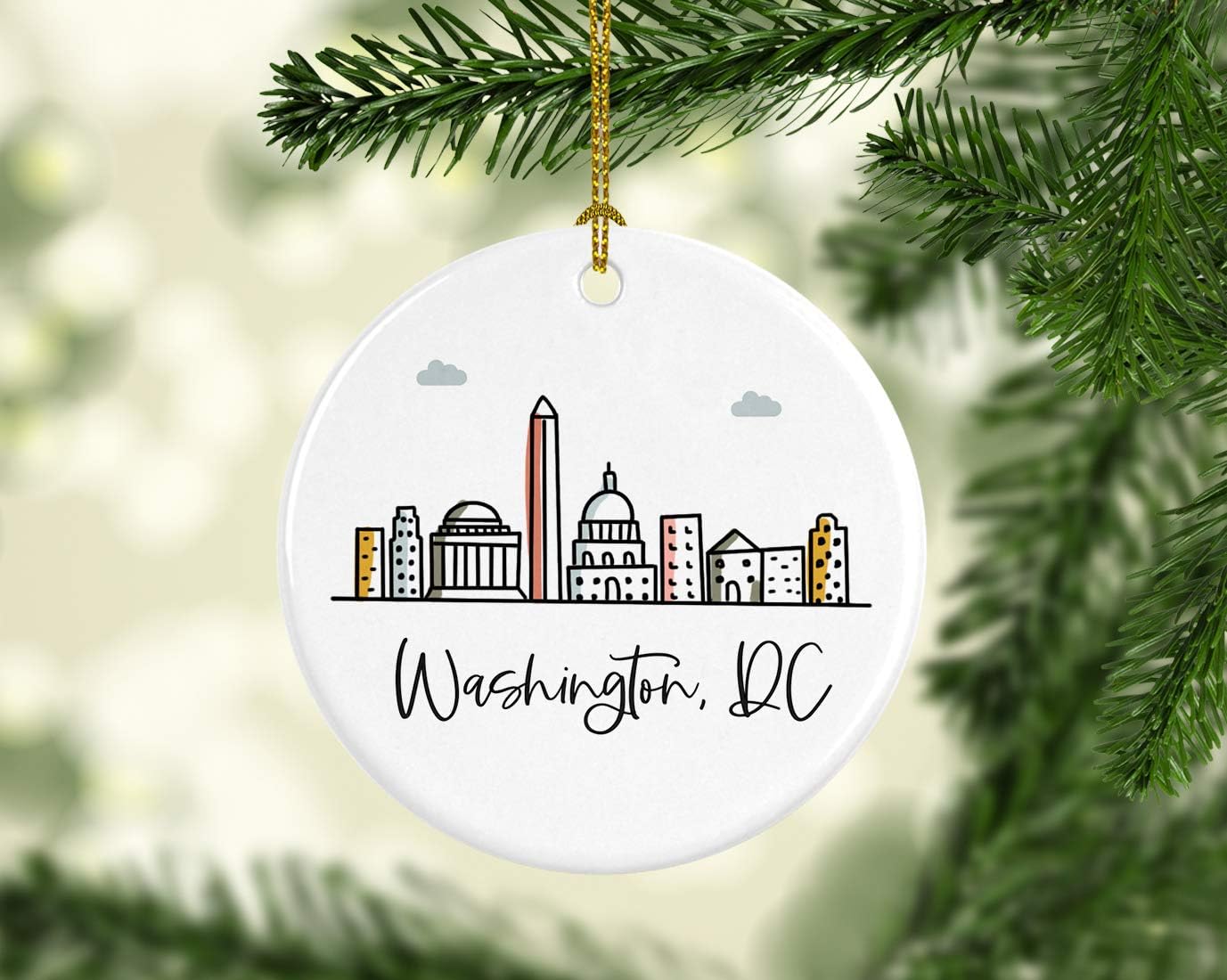 Andaz Press Round Ceramic Porcelain Christmas Tree Ornament Keepsake Gift, Washington, Dc, Colorful City Skyline Graphic, 1-Pack, Birthday Family Coworker Includes Gift Box Washington Dc Ornament 2024