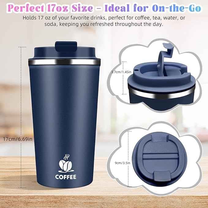 17oz Insulated Travel Coffee Mug with Flip Lid – Leakproof Stainless Steel Insulated Coffee Tumblers, Reusable Coffee Cup for Hot & Cold Drinks, Perfect for Camping & On-the-Go