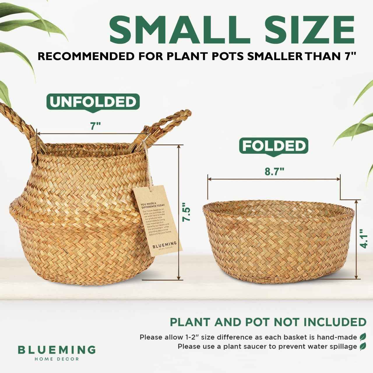 Basket Planter for Indoor Plants – 7 Inch Small Woven Wicker Pot for Olive Tree, Faux Plants, or Snake Plant, Handwoven Seagrass Basket with Handles (Original, Small)