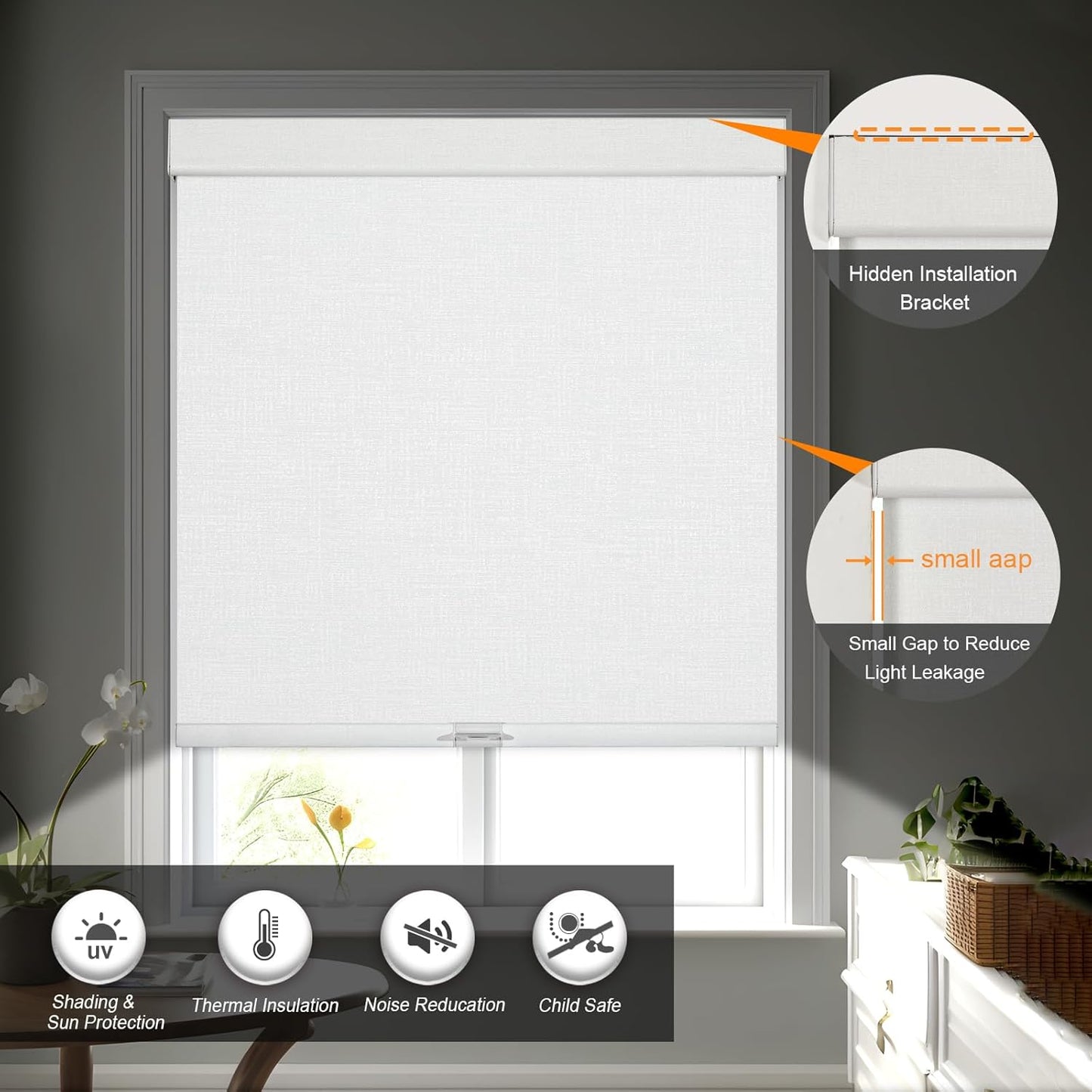 Persilux Blackout Roller Shades & Blinds Windows Shades Free-Stop Blackout Blinds with Jacquard Fabric,Cordless Blinds Pull Down Shades for Home, Easy to Install for Door/Office, White(20" W x 48" H)
