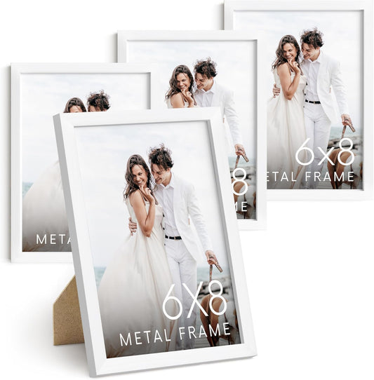 HAUS AND HUES 6x8 White Metal Picture Frames - Photo Frames 6x8 - Features Premium Aluminum, Vertical Hanging, Easel Back for Tabletop, Home, Office (6x8 in, White, Set of 4)