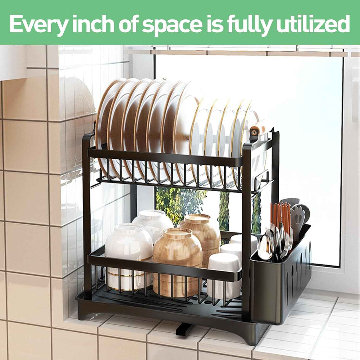 APSARAS USA 2-Tier Dish Drying Rack, Dish Rack with Wooden Holder Over The Sink Dish Drying Rack Kitchen, Rustproof Kitchen with Drainboard,16.5"x9.8" x19.7",Stainless Steel Drainers