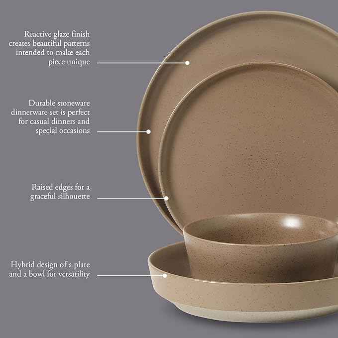 Gibson Elite Overbrook 16-Piece Pottery Clay Stoneware Dinnerware Set – Terraccotta Brown Reactive Glaze, Stackable Plates and Bowls w/Pasta Bowl, Service for 4 – Microwave & Dishwasher Safe