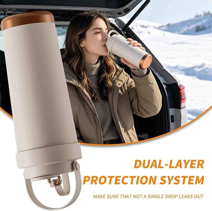 26oz Ceramic Coated Water Bottle, 3-Way Drinking (Straw/Sip/Wide Mouth), 6H Hot & Cold Insulated Water Bottle Leakproof Travel Cup with Handle - Off White