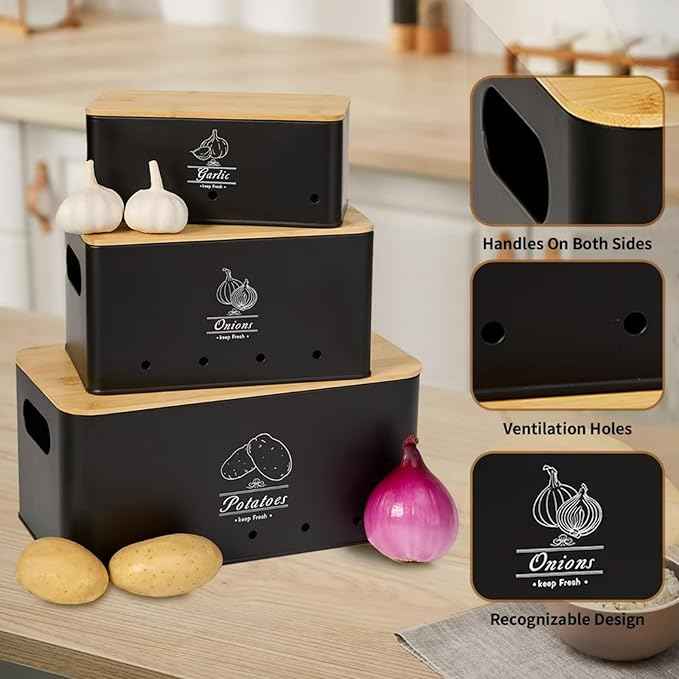3 Pack Metal Vegetable Storage,Onion Storage,Potato Storage and Garlic Storage Set,Kitchen Vegetable Keeper,Stackable Pantry Organizers with Ventilation Holes and Bamboo Lids(BLACK)