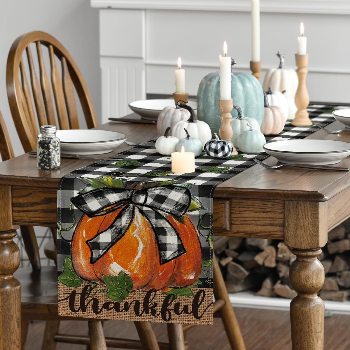 Artoid Mode Buffalo Plaid Bowknot Pumpkin Thankful Fall Table Runner, Autumn Thanksgiving Kitchen Dining Table Decoration for Home Party Decor 13x36 Inch
