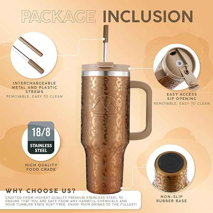 FAHRMOSIS 40 Oz Tumbler with Handle and Straw Insulated Cup that Fits in Cup Holder for Hot & Cold Drinks Leak Proof Tumbler with Straw Stainless Steel Travel Mug for Men & Women - Gold Leopard