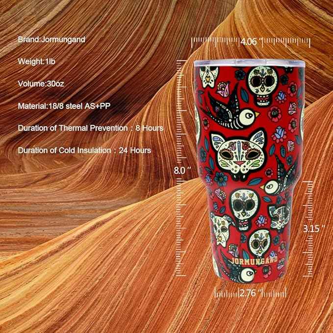 Jormungand 30 oz Tumbler Stainless Steel Vacuum Insulated Travel Mug with Leak Proof Lid Double Wall Coffee Cup Water Bottle for Cold Beverages 30oz Tumbler Sugar Skull
