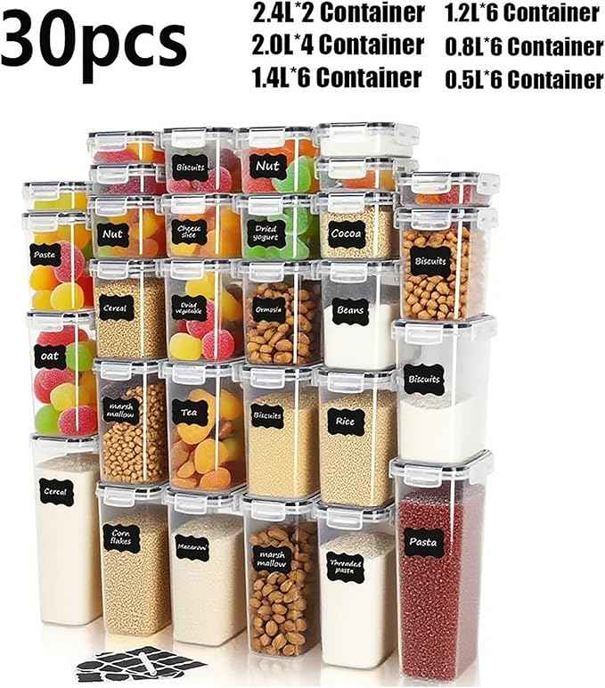30 PCS Airtight Food Storage Containers with Lids, BPA Free Clear Plastic Kitchen and Pantry Organization and Storage Set for Flour, Sugar, Cereal, Pasta, Includes 30 Labels and Marker