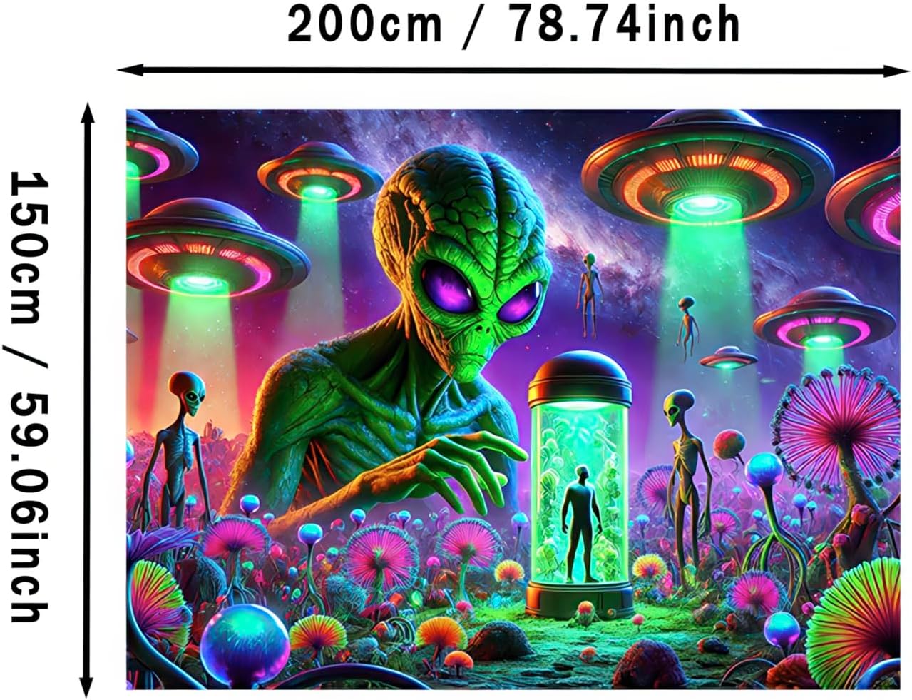 BlissYard Neon Alien UFO Black Light Tapestry Cosmic Sci Fi Mushroom Planet UV Reactive Psychedelic Space Blacklight Tapestry Wall Hanging for Bedroom Living Room Dorm Game Room Party Decor 78x59 Inch