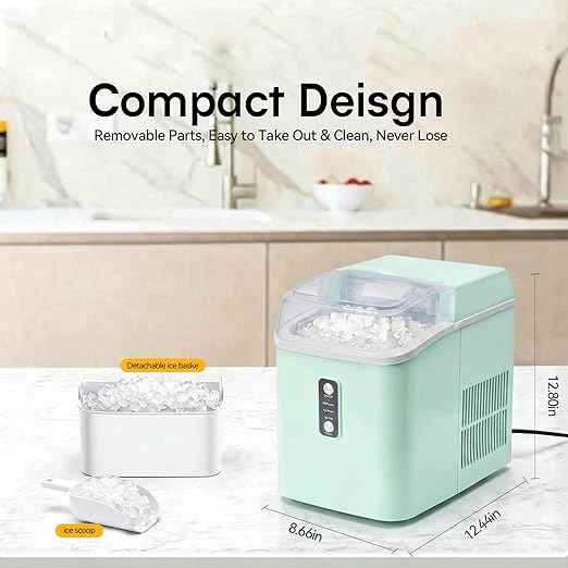 NEWBULIG Nugget Ice Makers Countertop, Portable Nugget Ice Machine, Ready in 6 Mins, 24lbs in 24Hrs, Auto-Cleaning, with Basket and Scoop, for Home, Kitchen, RV, Camping, Green