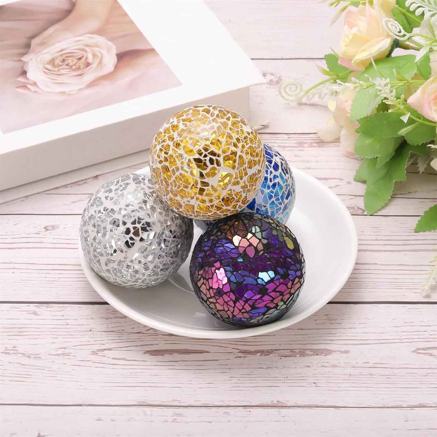 Premium Decorative Ball for Bowls,4" Mosaic Glass Balls Orbs Glass Ball for Home Decor Dining Thanksgiving Christmas Wedding Party Ornaments Coffee Table Centerpiece Decor(3Pcs Red)