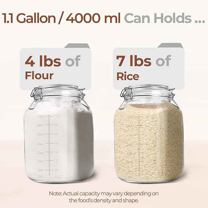 ComSaf 1 Gallon Square Glass Jars with Airtight Lids (135oz, Set of 2), Extra-Wide Mouth Canisters with Measurement Marks for Bulk Flour Storage, Fermenting Kombucha & Pickling
