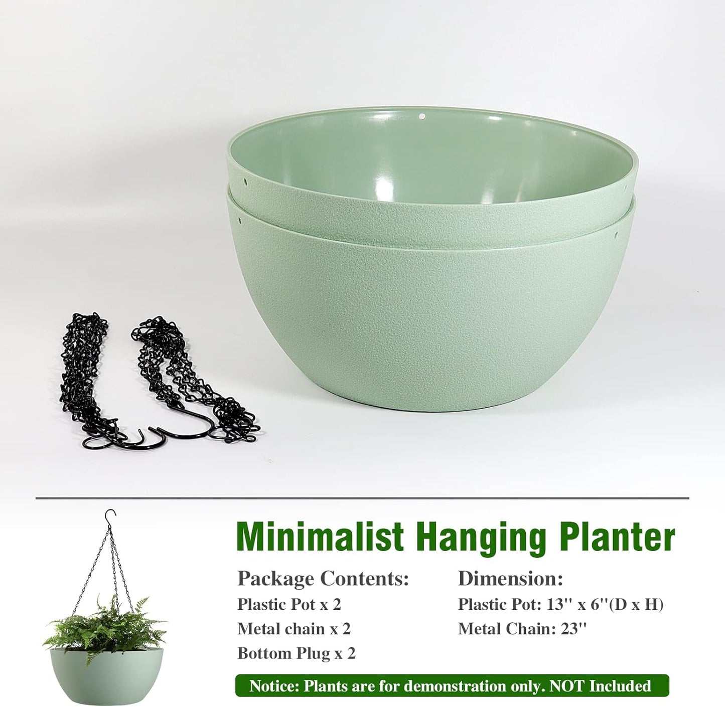 13 inch Large Hanging Planters Plant Pots for Outdoor Indoor Plants with Drainage Holes and Chain, 2 Pack Round Hanging Flower Pots for Garden Home Porch Decor, Green