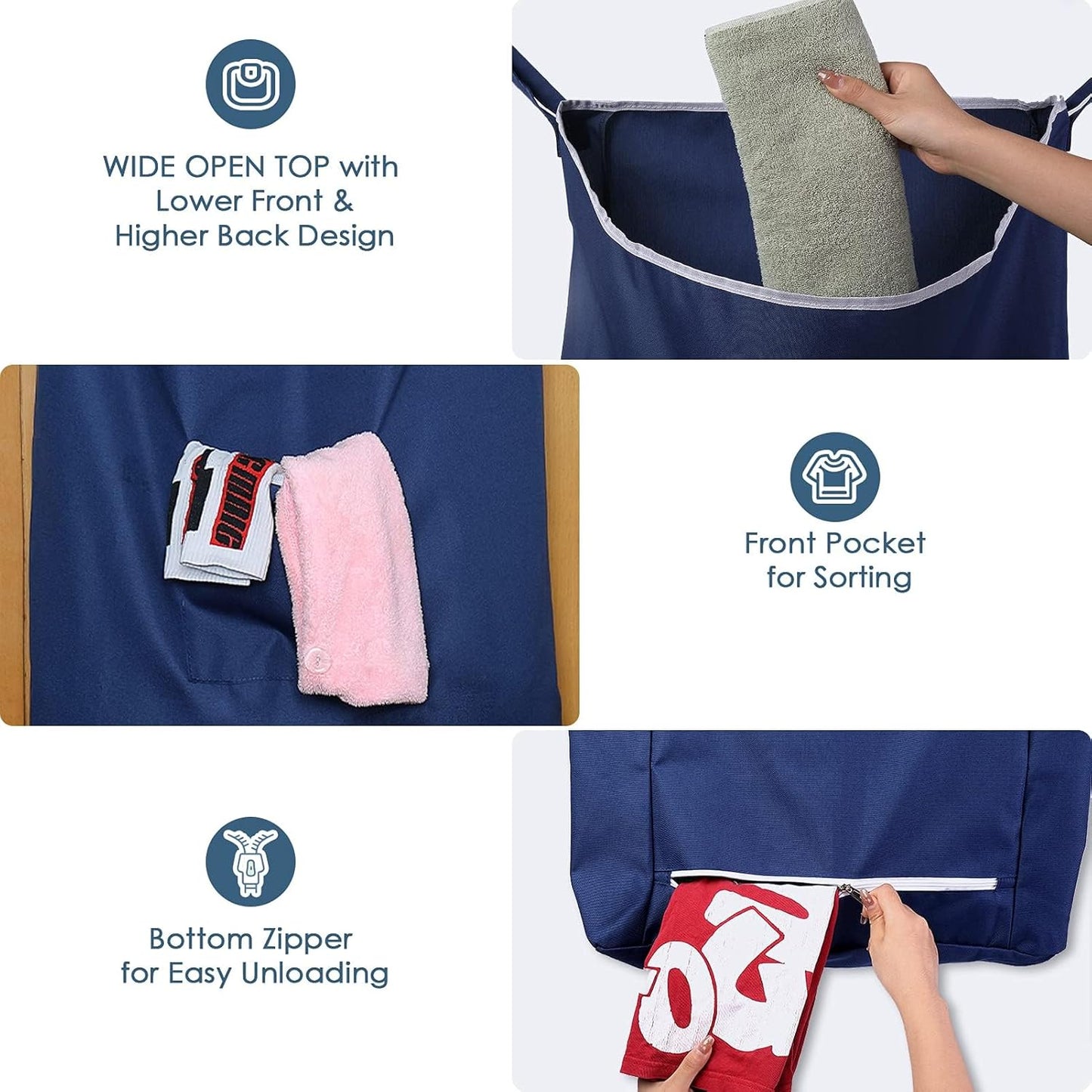 Fine Living Co. Large Hanging Laundry Hamper with Over Door Hooks & Adhesive, Durable Space Saving Laundry Bag with Zipper and Wide Open Top, Hanging Dorm Laundry Hamper (Navy Blue-XL)