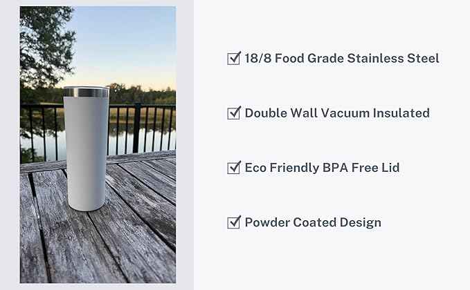 20 oz Powder Coated Cup Double Wall Stainless Steel 20oz Skinny Straight Tumbler with Lid: White