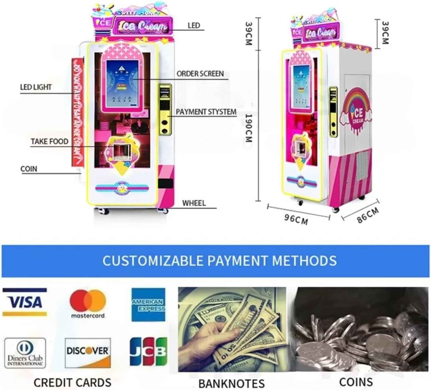 Ice cream vending machine, intelligent touch screen soft ice cream machine, supports coin, cash card and mobile payment, suitable for shopping malls, campuses, cinemas and other places.