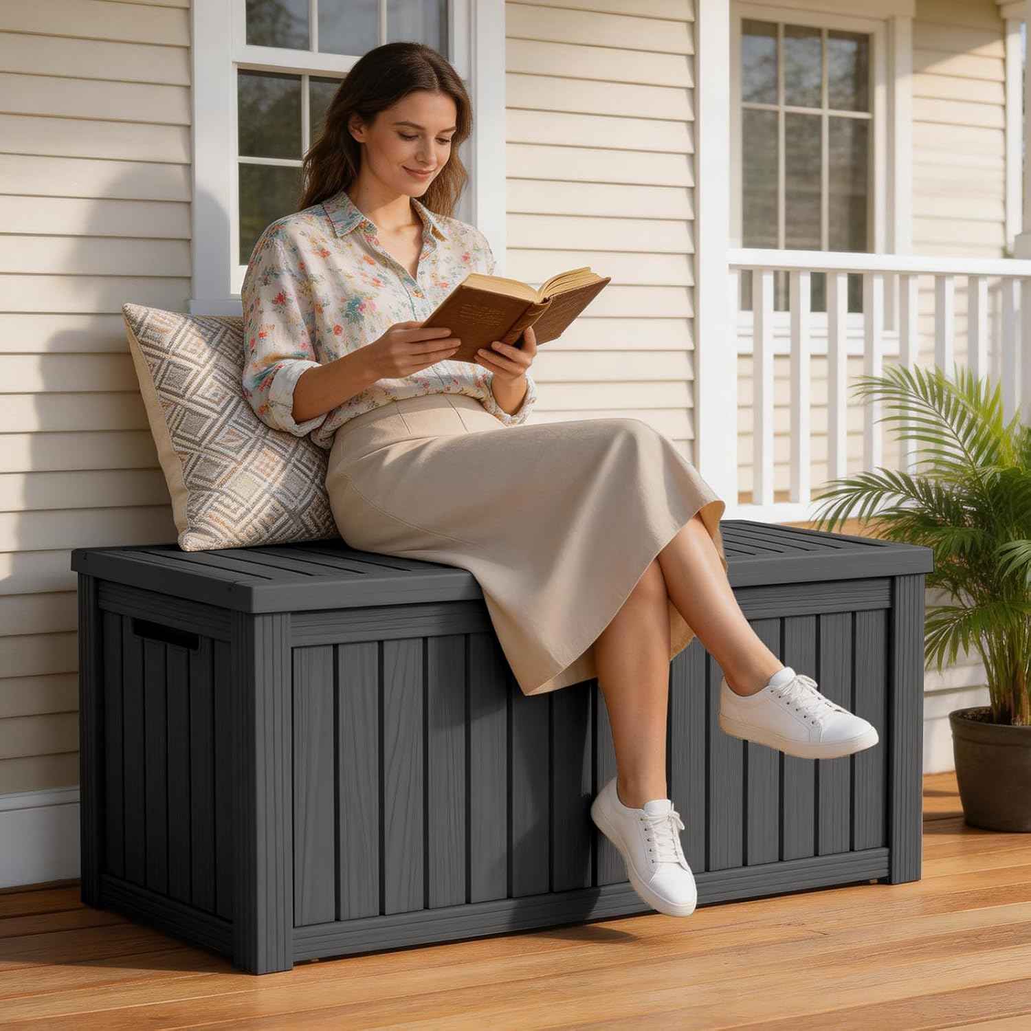 Mars Villa 120 Gallon Outdoor Storage Box, Resin Deck Box Waterproof for Patio Furniture Cushions, Pool Supplies, Gardening Tools, Weatherproof and UV Resistant, Black