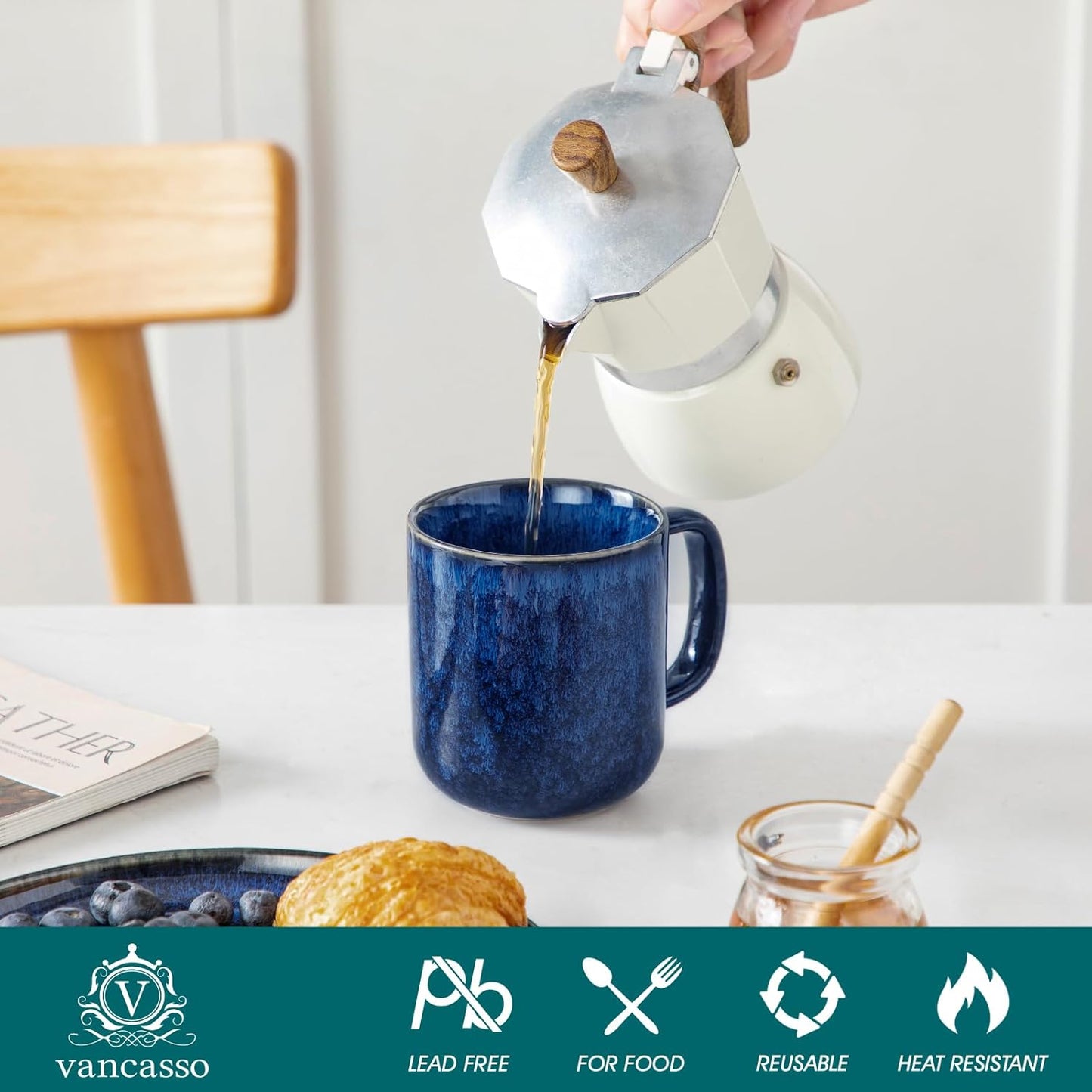 vancasso STARRY Coffee Mugs Set, 12 oz Ceramic Coffee Cups for Latte Hot Tea Cappuccino Cocoa Milk Stoneware Cups Set of 6, Dishwasher & Microwave Safe, Blue