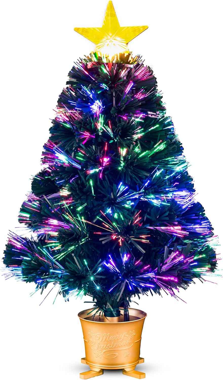 YUETJIN 24inch Pre-lit Mini Fiber Optic Tabletop Artificial Christmas Tree，Small Xmas Tree with Stars Decorations-Gold
