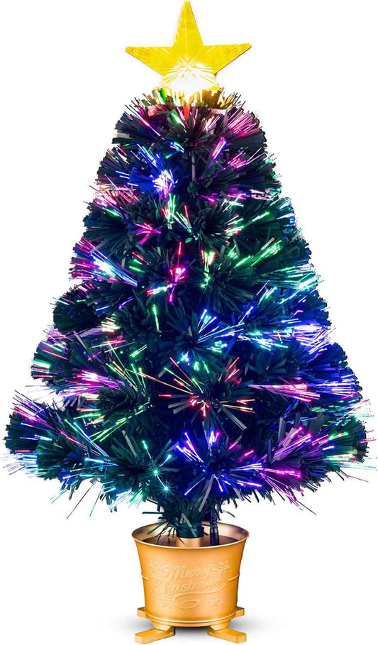 YUETJIN 24inch Pre-lit Mini Fiber Optic Tabletop Artificial Christmas Tree，Small Xmas Tree with Stars Decorations-Gold