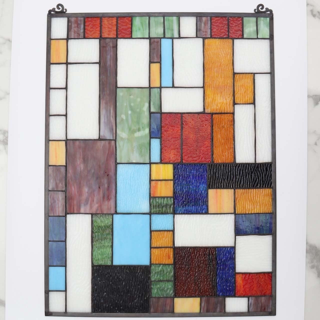 Bieye Geometric Color Block Tiffany Style Stained Glass Window Panel with Hanging Chain (18x25 inches W10092)