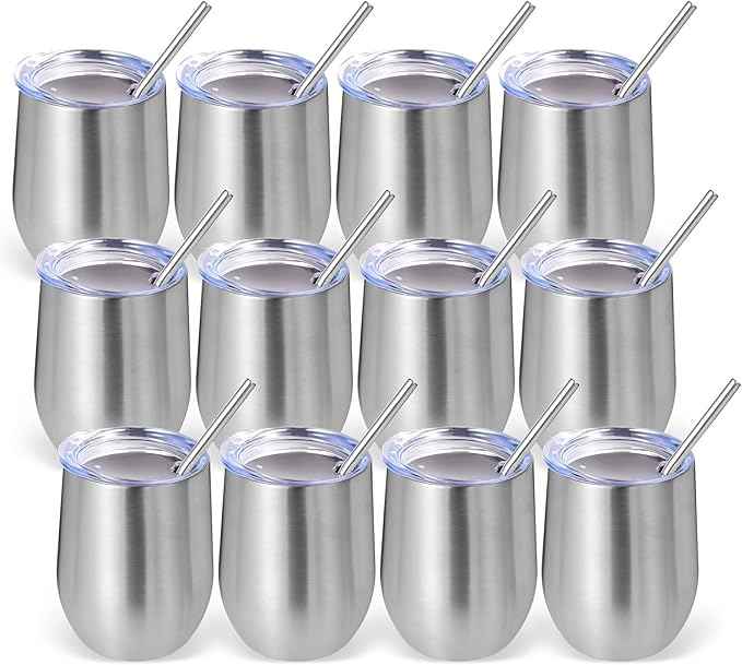 Volhoply 12oz Stainless Steel Wine Tumbler with Lid Bulk 12 Pack,Double Wall Vacuum Stemless Wine Glasses,Reusable Metal Travel Coffe Mug with Straw,Insulated Cups Gifts for Christmas（Silver,12 Set）