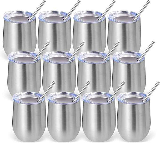 Volhoply 12oz Stainless Steel Wine Tumbler with Lid Bulk 12 Pack,Double Wall Vacuum Stemless Wine Glasses,Reusable Metal Travel Coffe Mug with Straw,Insulated Cups Gifts for Christmas（Silver,12 Set）