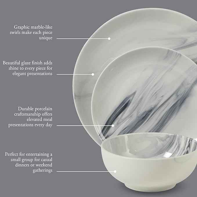Gibson Home Cloudlight 12 Piece Plates and Bowls Dishes Blue and White - Decorated Porcelain Ceramic Dinnerware Set - Service for 4