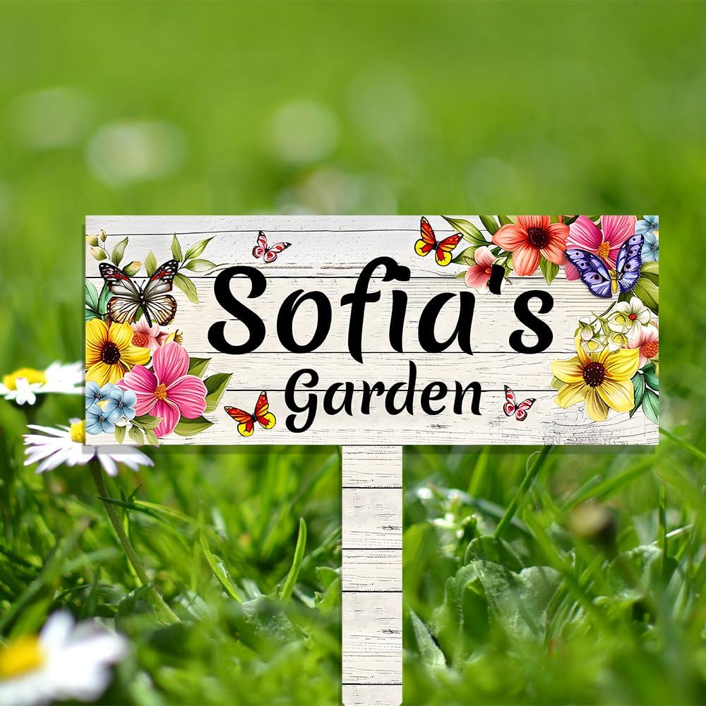 Custom Metal Garden Sign With Stake,Flower Personalized Gardener Family Name Signs,Customized Grandmother Gifts Gardening Decorative,Colorful Butterfly Plaques for Outside Lawn Patio Yard Art Decor