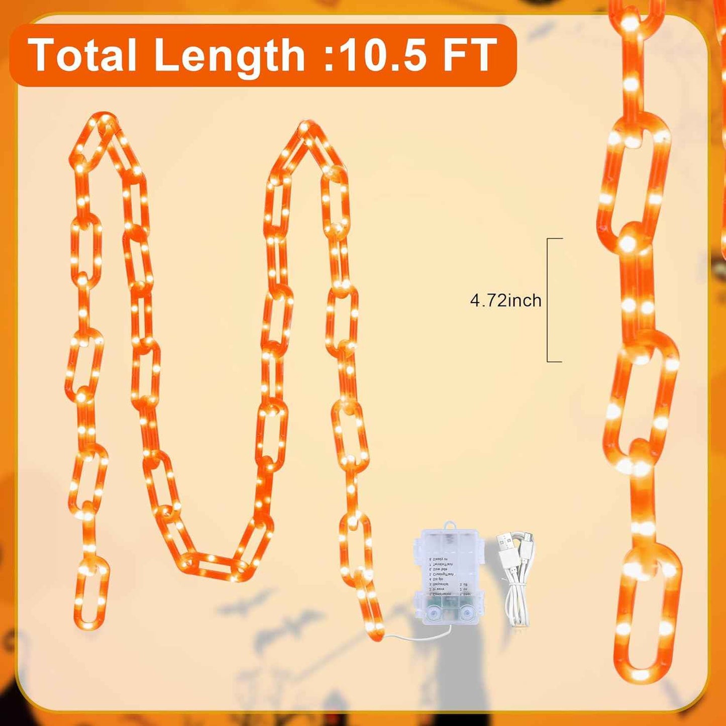 woohaha Halloween Decorations Plastic Chain Lights，10.5FT 175LED Orange Battery/USB Props Chains String Lights,8 Modes and Timer for Outdoor Halloween Party Creepy Cosplay Spooky Ornaments