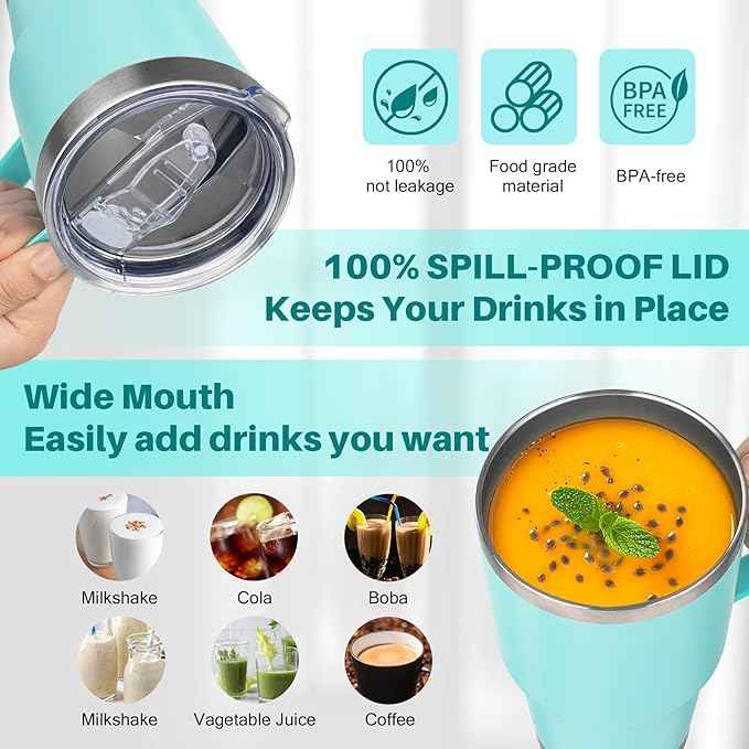 30 oz Stainless Steel Tumbler with Handle, Double Wall Vacuum Insulated Coffee Mug Tumbler with Lid and Straw, Thermal Cup for Cold and Hot (Mint Green)