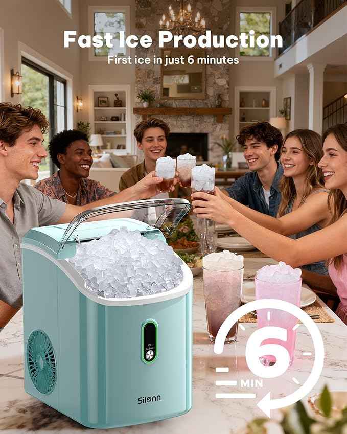 Silonn Nugget Ice Maker Countertop, Pellet Ice Machine with Self-Cleaning Function, Sonic Ice Maker Produces 33lbs of Chewable Ice in 24 Hours, Ideal for Home Kitchen and Office (Green)
