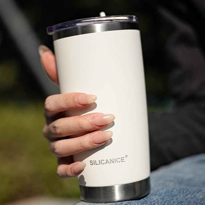 20oz Hygienic Stainless Steel Vacuum Insulated Tumbler w/ Easy-On/Easy-Off Lid - Removable slider, Double Wall 18/8 Travel Mug, BPA-Free, Fits Cup Holders, Premium Quality, Smart Value - Cream