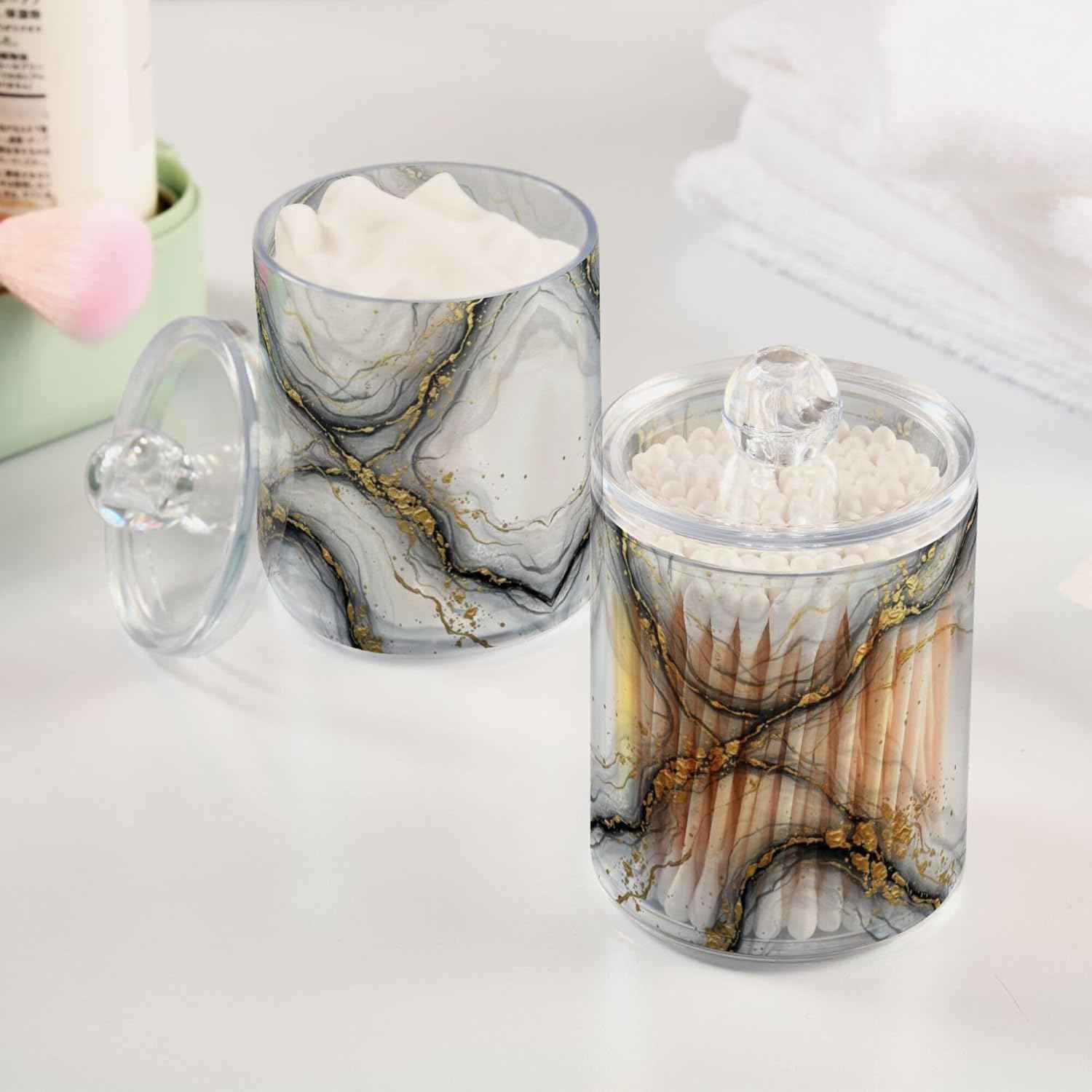 MNSRUU 2 Pack Qtip Holder Organizer Dispenser Marble White Gold Bathroom Storage Canister Cotton Ball Holder Bathroom Containers for Cotton Swabs/Pads/Floss