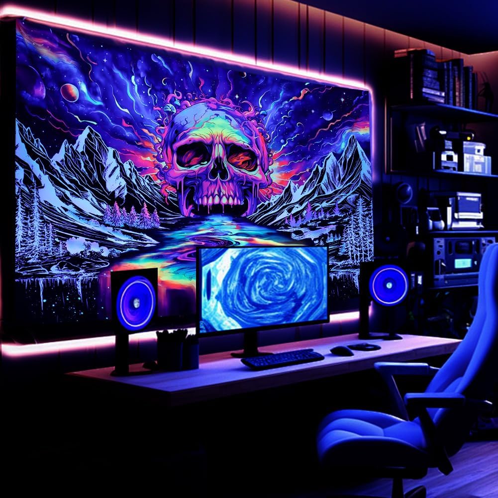 Blacklight Skull Tapestry UV Reactive Galaxy Mountain Planet Tapestries Magic Neon River Wall Hanging Aesthetic Skeleton Wall Decor Forest Trees Landscape Backdrop for Living Room