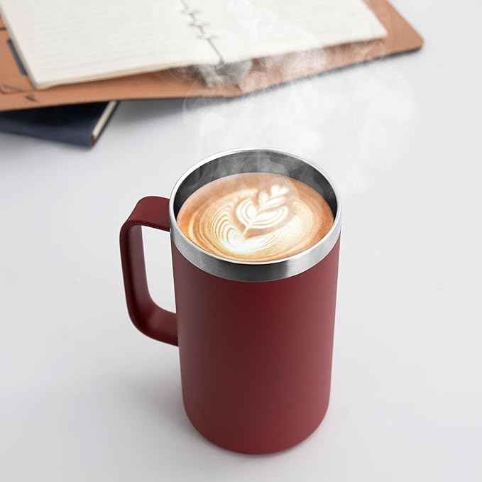 DOMICARE 24oz Mug with Handle and Lid, Stainless Steel Coffee Mug, Reusable Insulated Cup, Travel Mug with Handle, Double Wall Vacuum Coffee Tumbler for Men and Women, Dark Red, Pack 1