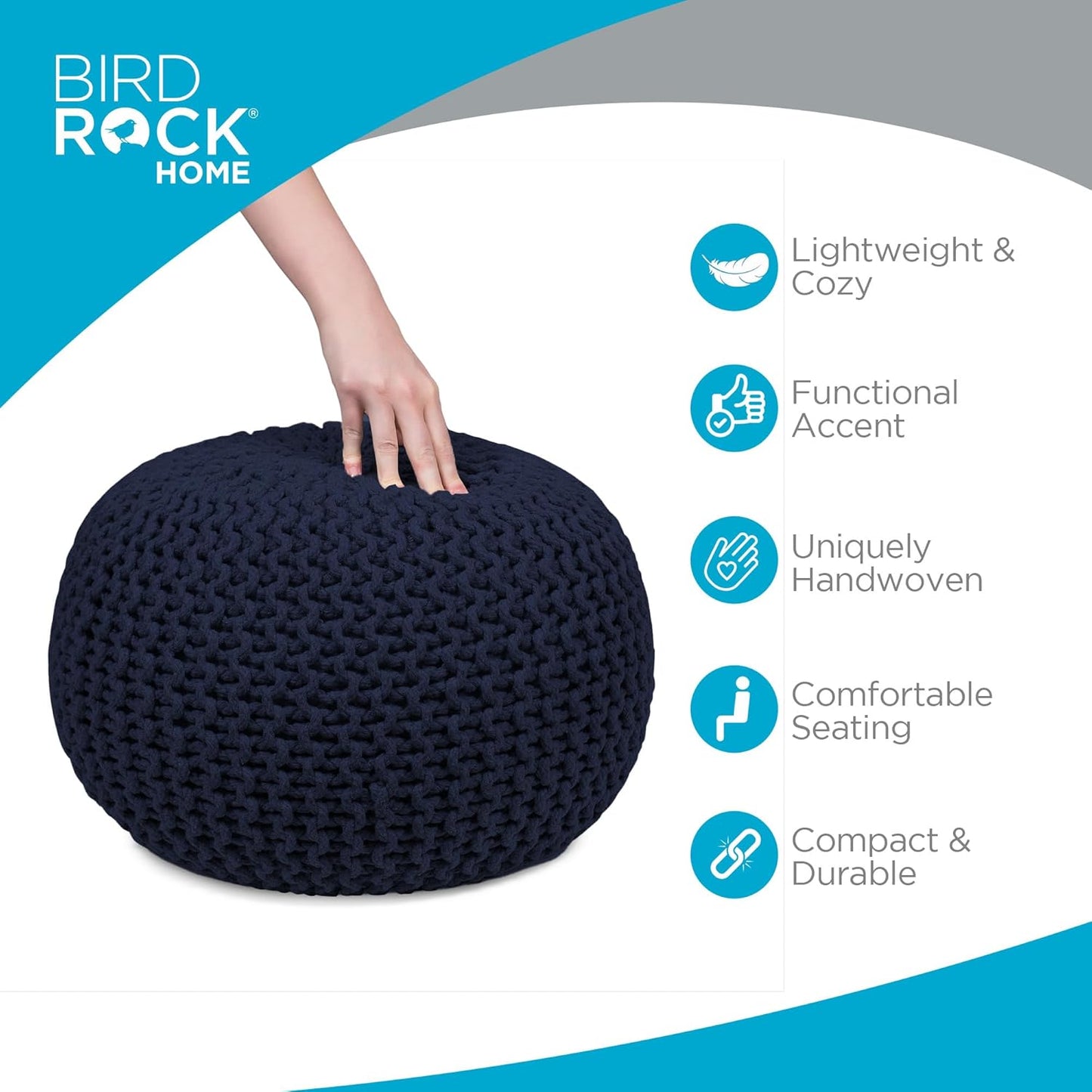 BIRDROCK HOME Round Pouf Ottoman | Cotton Braided Foot Stool with Bean Bag Filling | Boho Foot Rest for Living Room & Bedroom | Compact & Comfortable Seating, Lightweight & Soft | Navy