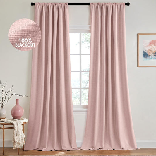 MIULEE 100% Blackout Curtains 102 Inch Long 2 Panels for Bedroom, Thick Luxury Faux Linen Black Out Curtain Room Darkening Back Tab Pleat Window Textured Drapes with Hooks for Living Room, Baby Pink