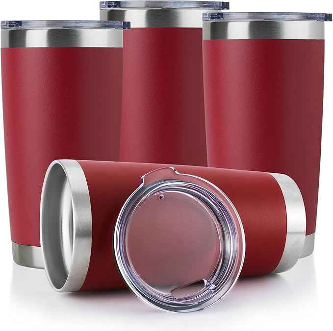 DOMICARE 20oz Stainless Steel Tumbler Bulk with Lid, Double Wall Vacuum Insulated Travel Mug, Powder Coated Coffee Cup, Powder Red, 4 Pack