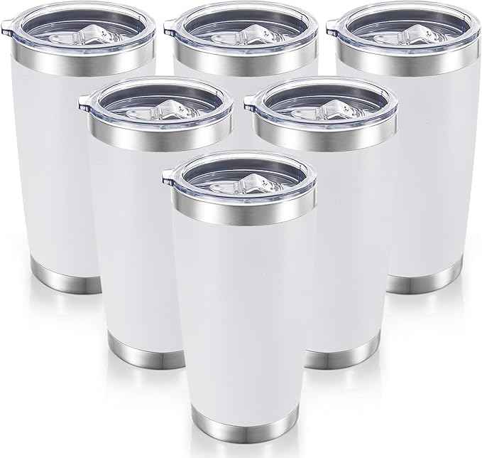 20 oz Tumblers Bulk Stainless Steel Tumbler with Lid Double Wall Vacuum Insulated Coffee Mug 20oz Powder Coated Cup for Hot and Cold Drinks, White, 6 pack