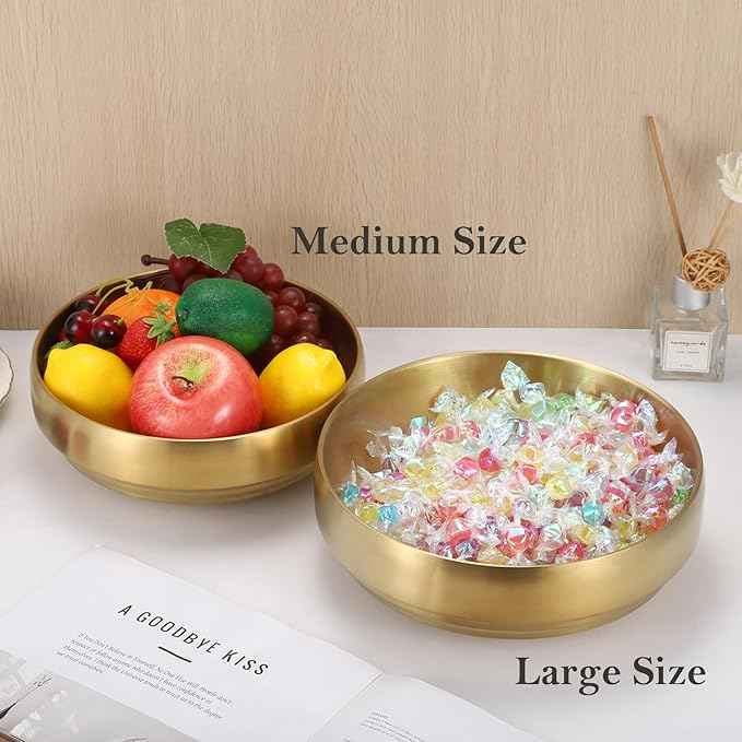 8.3" Golden Key Bowl for Entryway Decorative Key Holder Round Fruit Dish Stainless Steel Catch All Bowl for Coffee Table Kitchen Counter Home Decor