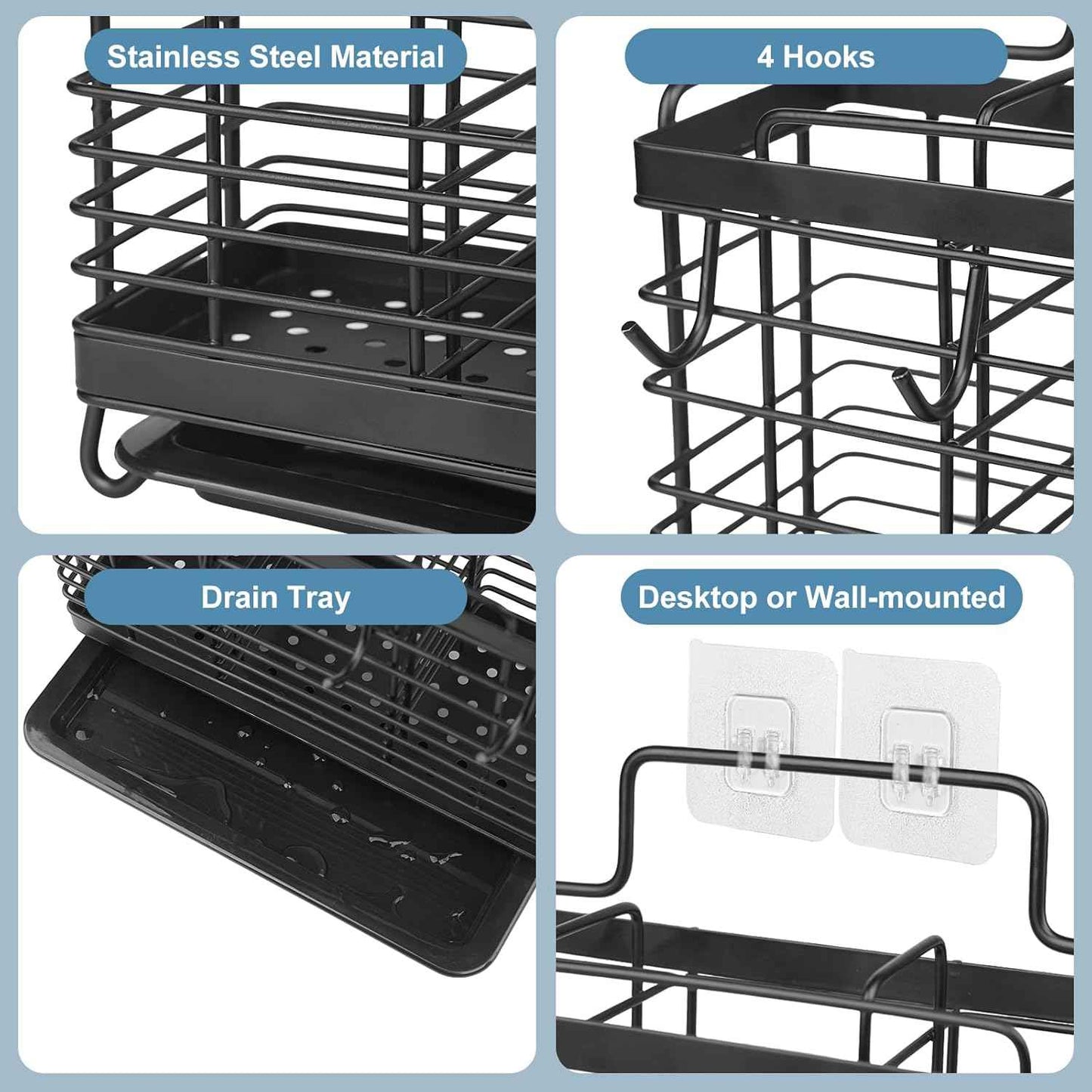Utensil Holder, Stainless Steel Utensil Drying Rack with Drain Tray, Kitchen Counter Drainer Basket Silverware Cutlery Flatware Holder Forks, Knives, Spoons, Chopsticks Organizer (Black)