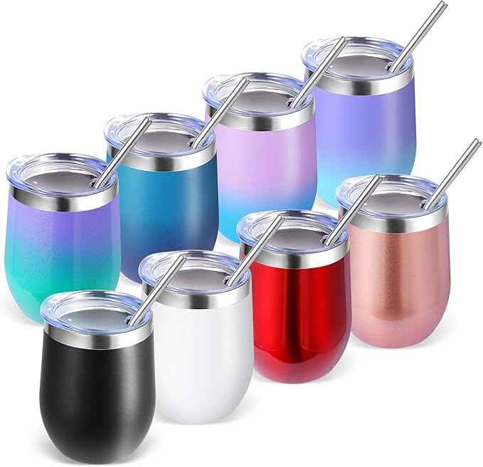 Volhoply 12oz Stainless Steel Wine Tumbler with Lid Bulk 8 Pack,Double Wall Vacuum Stemless Wine Glasses,Reusable Metal Travel Coffe Mug with Straw,Insulated Cups Gifts for Christmas（Assorted,8 Set）