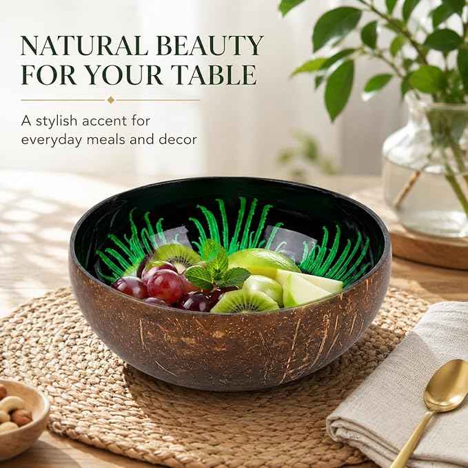 ChezMax Natural Coconut Bowl With Mother of Pearl Inlaid Shell for Entryway Table - Key, Candy, Nuts, Fruits & Dry Snack Storage Container - Round Handcrafted Decoration