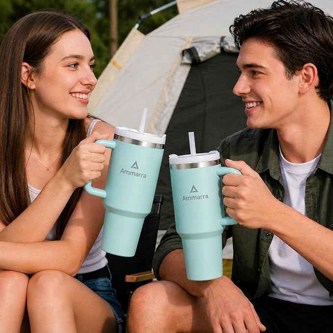 40oz Stainless Steel Vacuum Insulated Tumbler with Handle and Straw, Large Capacity Insulated Cup (Light Green)