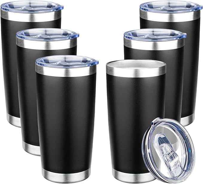 20oz Tumbler with Lid Double Wall Vacuum Insulated Travel Coffee Mug Stainless Steel Thermal Cup Powder Coated Sturdy Coffee Tumbler Bulk for Hot and Cold Beverage (Black,6)
