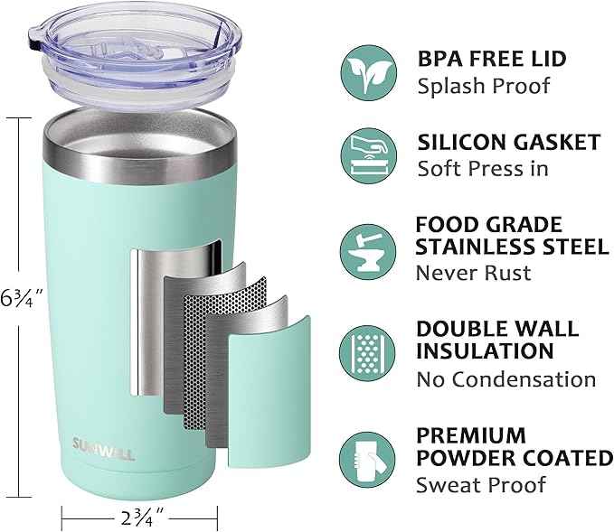 SUNWILL Travel Coffee Tumbler 20 oz, Insulated Mug with Lid, Stainless Steel Cup for Outdoor, Powder Coated Mint