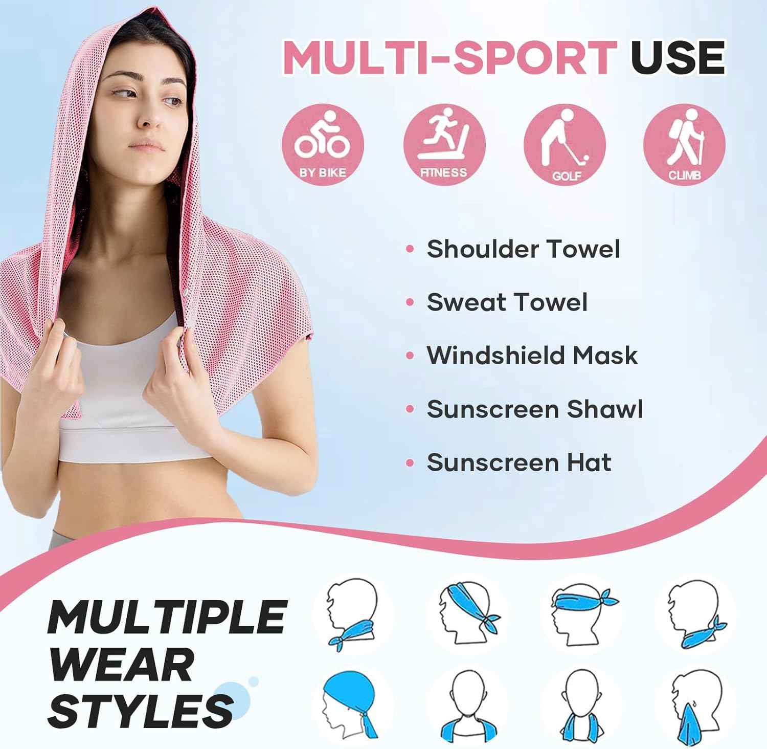 Cooling Hoodie Towel Women: Cooling Towels for Neck and Face, Instant Cool When Wet, UPF 50 Sun Protection, Cool Towel for Hot Weather, Great for Sports, Gym, Golf, Camping - Pink